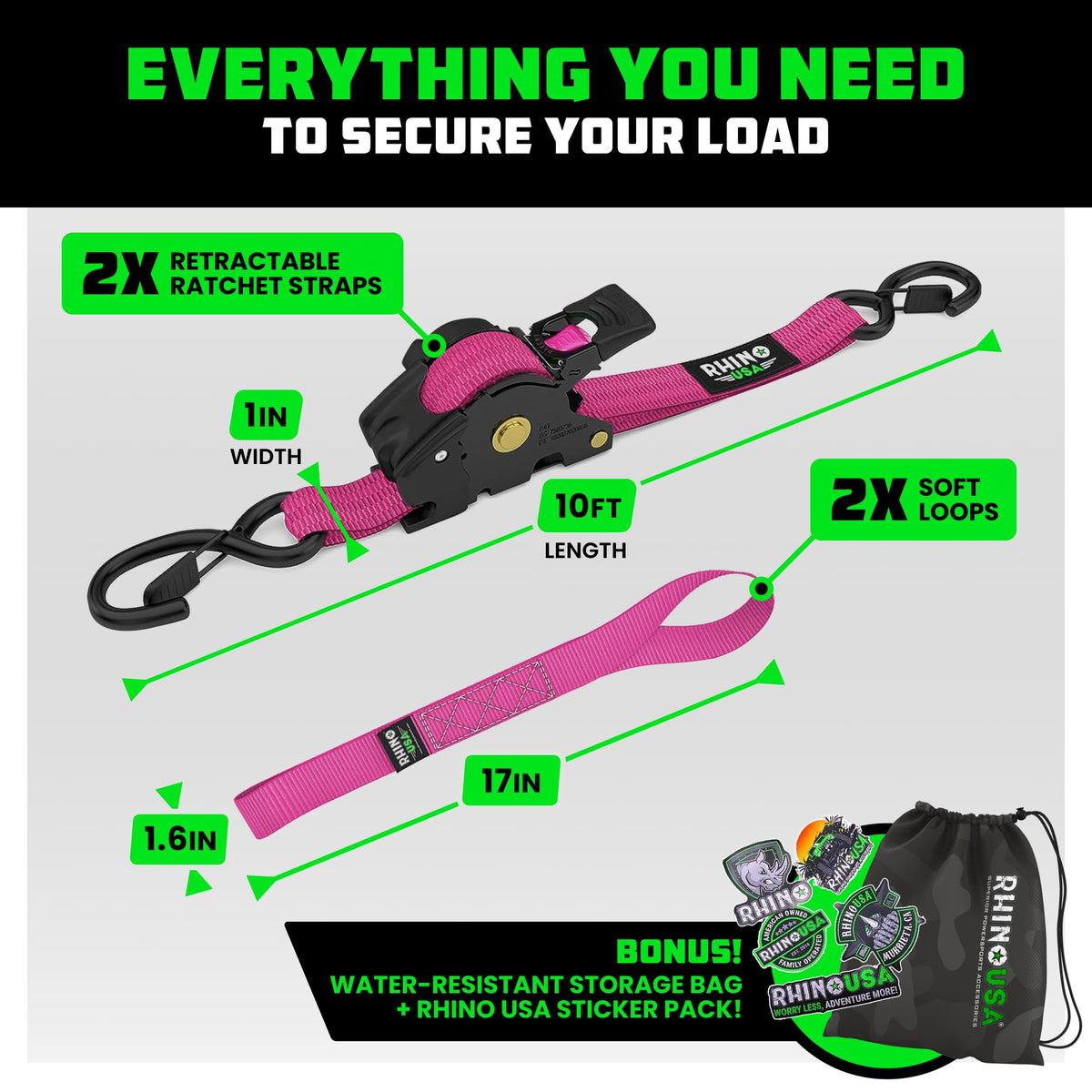 Rhino USA retractable straps with soft loop tie-downs for versatile anchoring