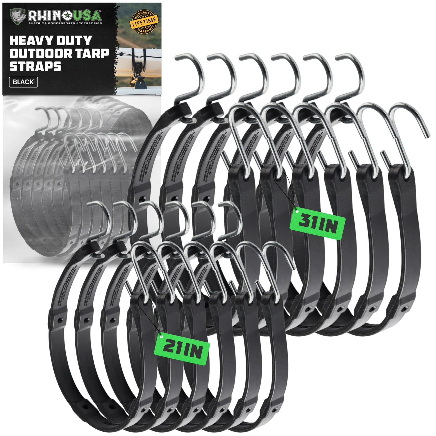 Rhino USA rubber bungee cords with three-anchor-hooks for versatile securing on trucks