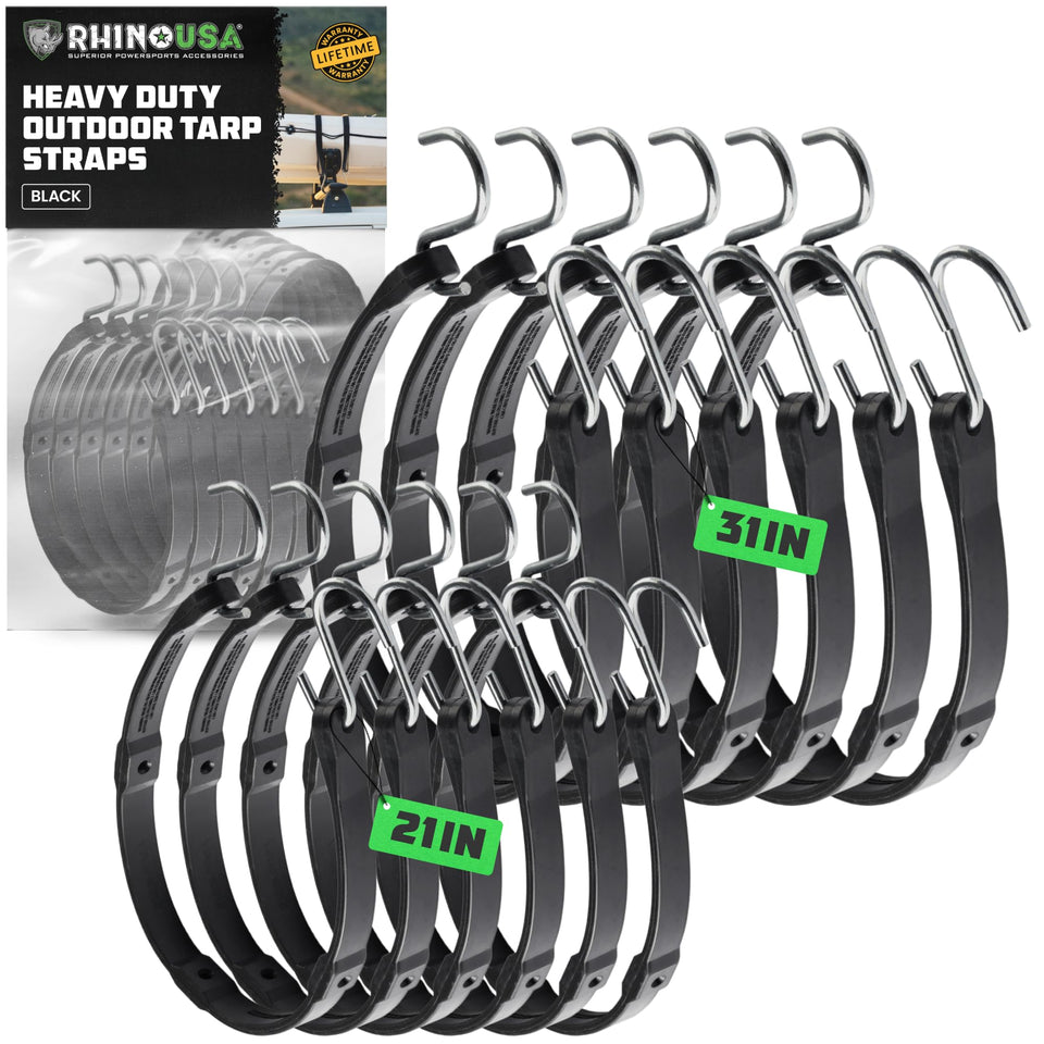 Rhino USA rubber bungee cords with three-anchor-hooks for versatile securing on trucks