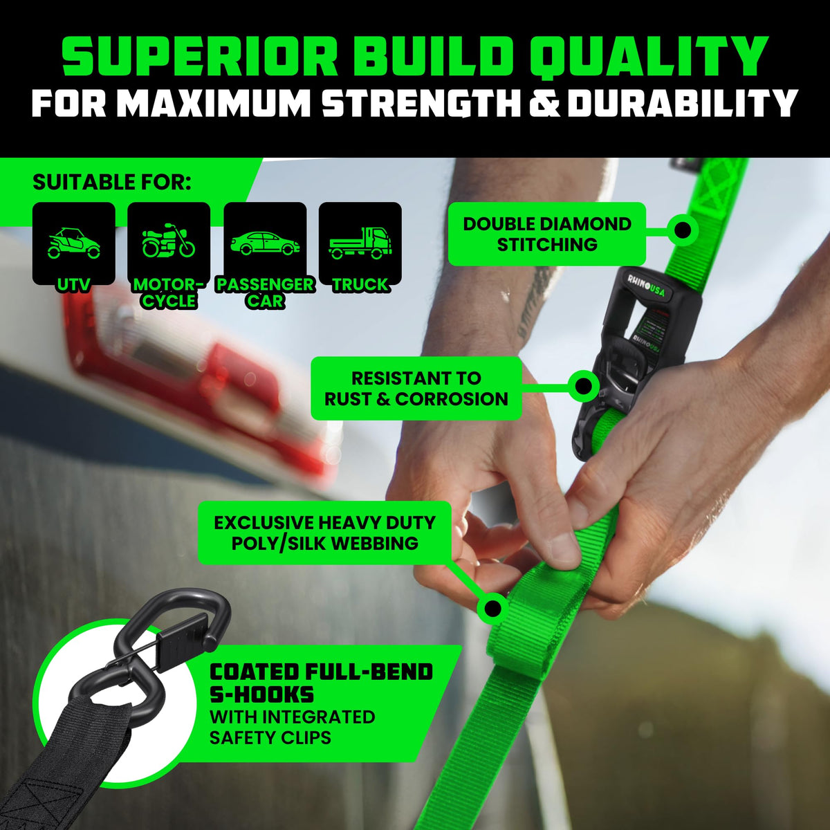 Rhino USA coated S-hooks prevent scratches and secure attachments during transit.