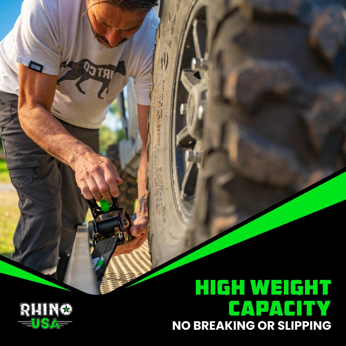 Rhino USA securing cargo on a truck bed with self-retracting straps.