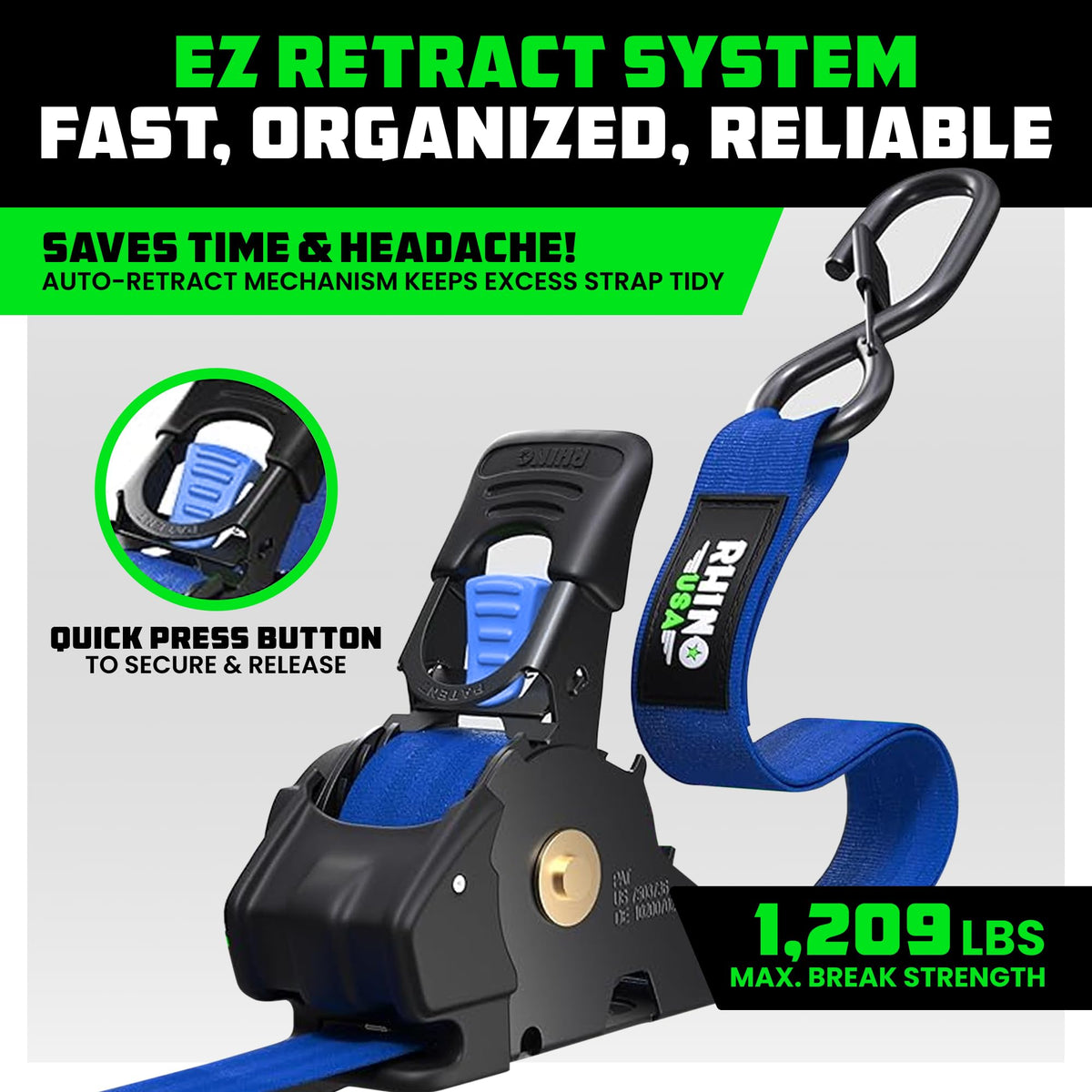 Rhino USA self retracting strap button enables quick, convenient strap management on the go