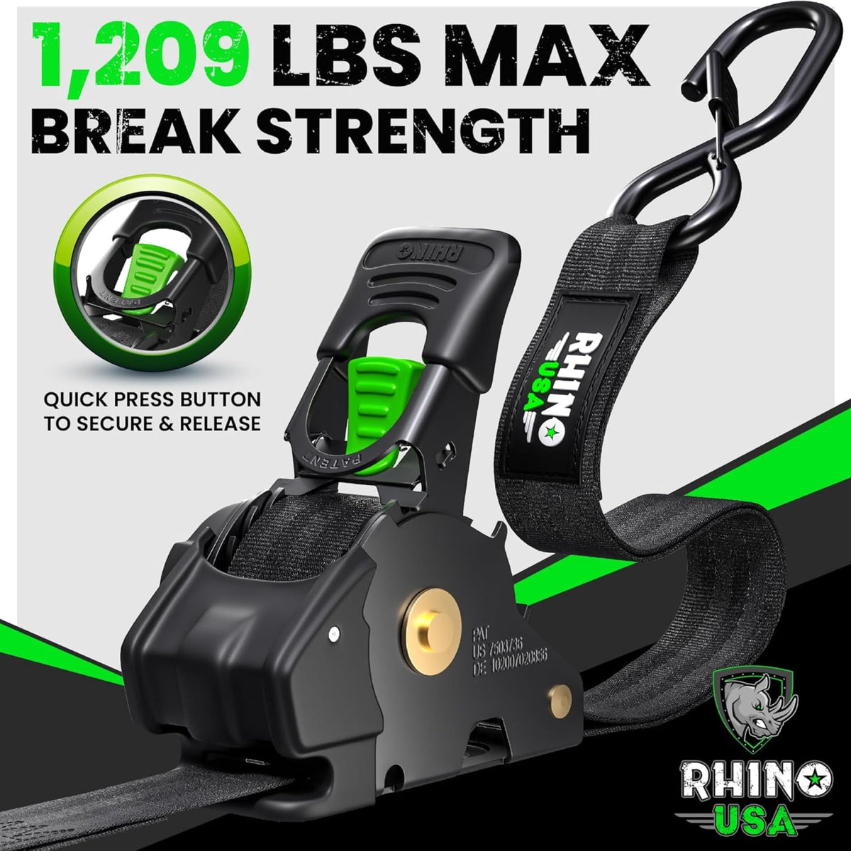 Rhino USA self-retracting strap demonstrates quick length management after tying down.