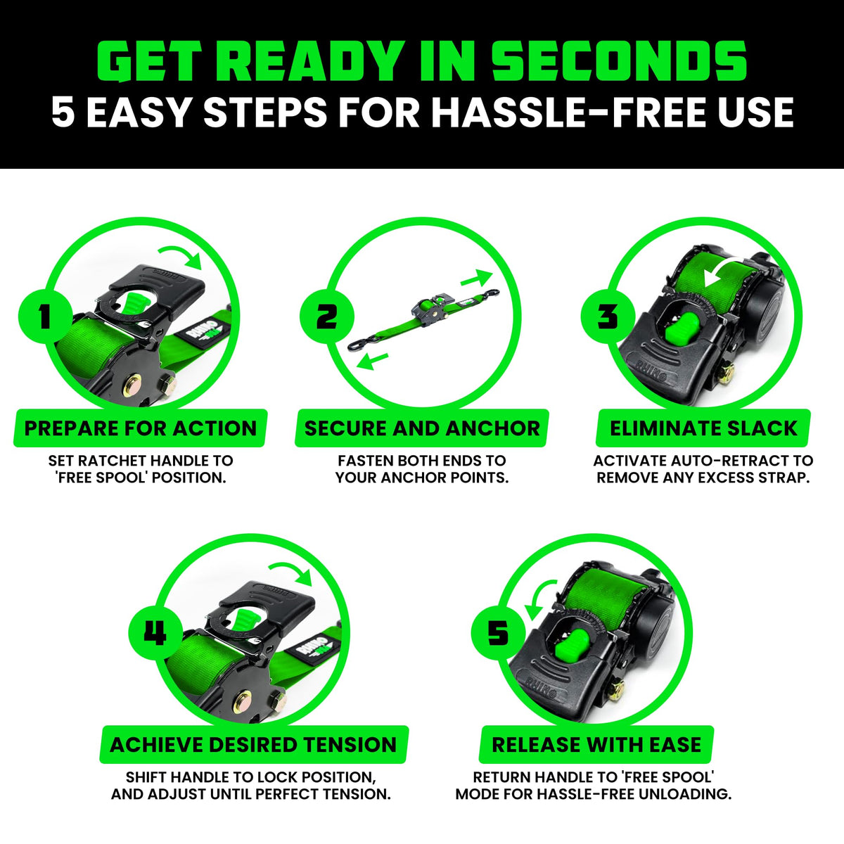 Rhino USA instant self-retracting strap with tidy strap length