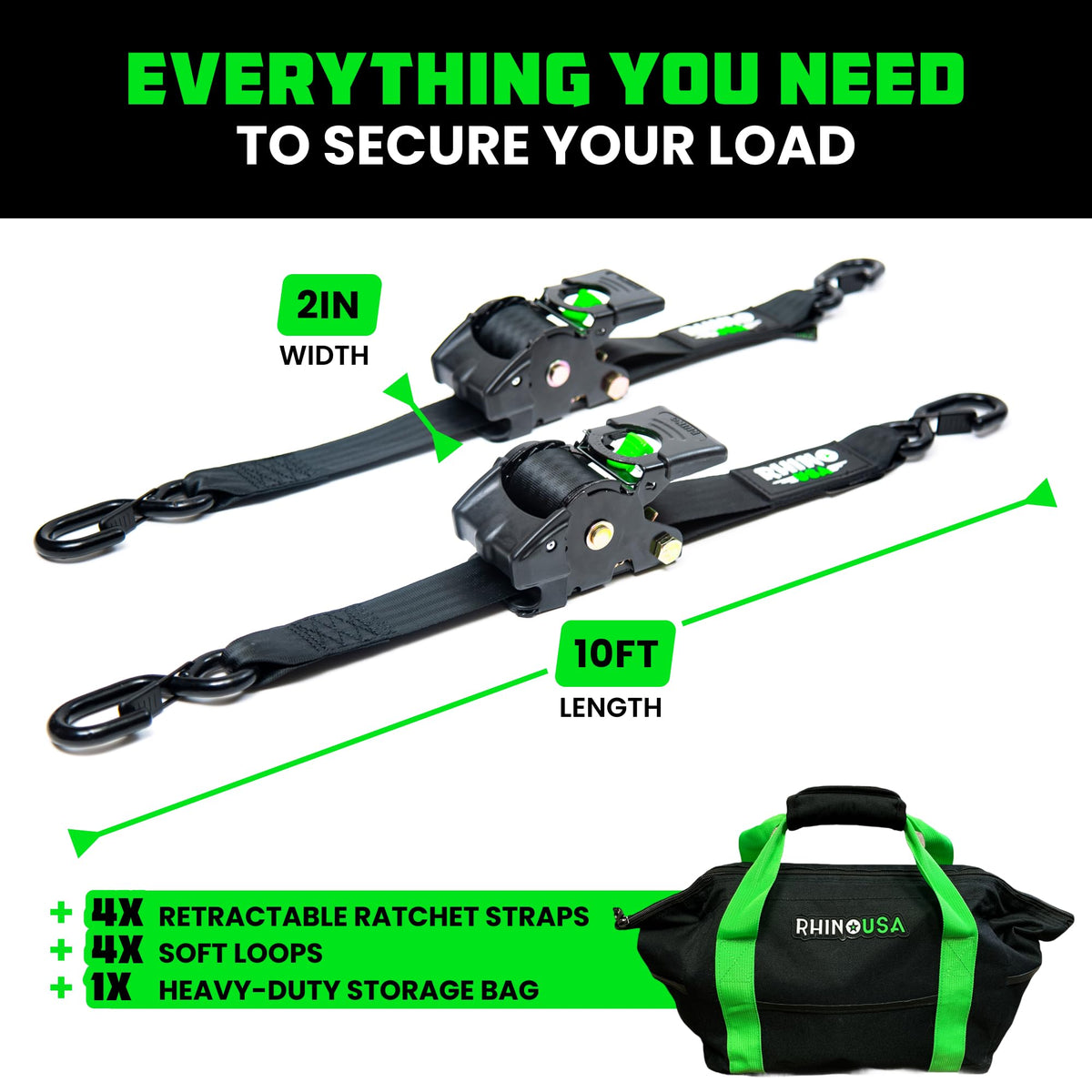 Rhino USA soft loop tie-downs enable versatile mounting on racks.