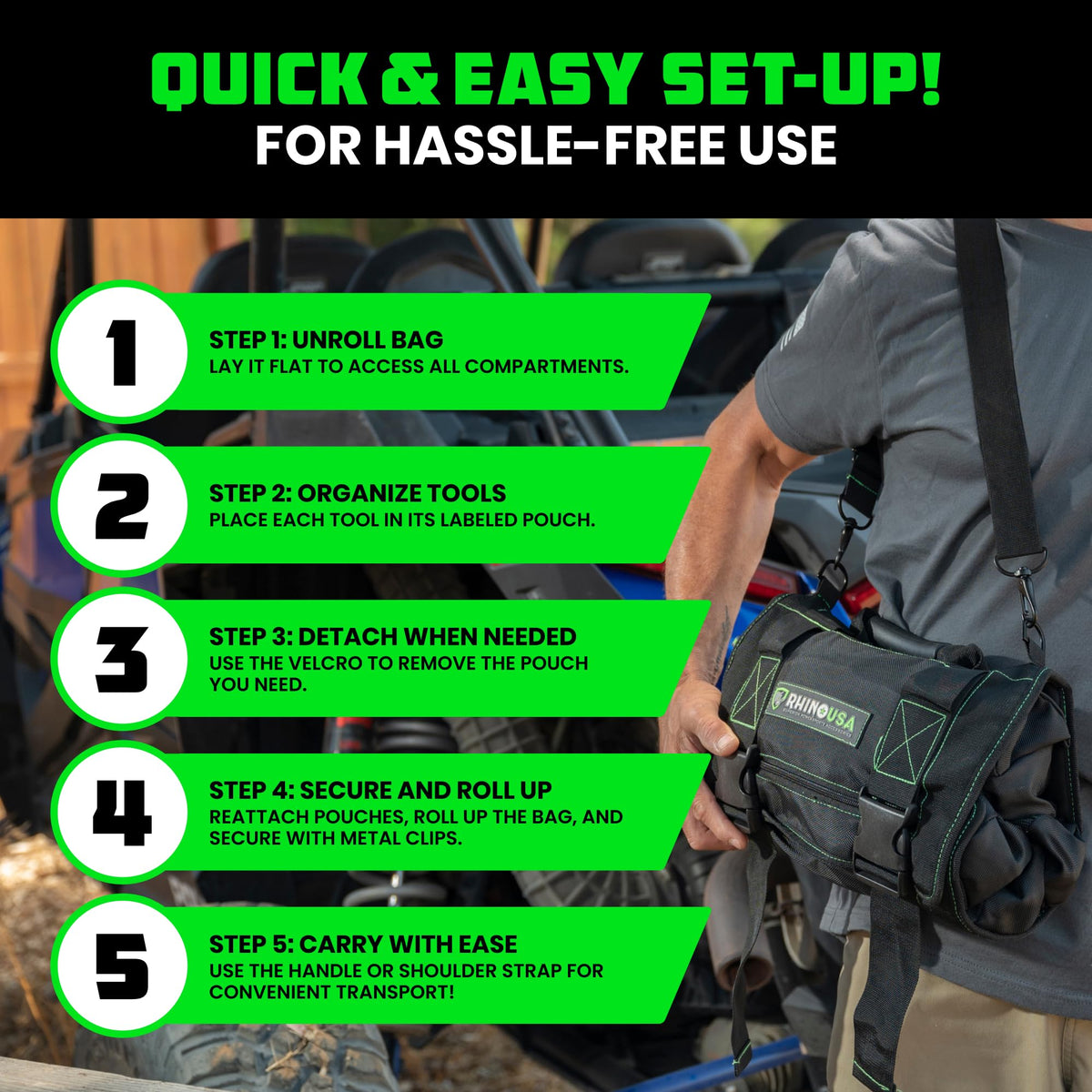 Stored in a vehicle with tools neatly arranged for easy reach