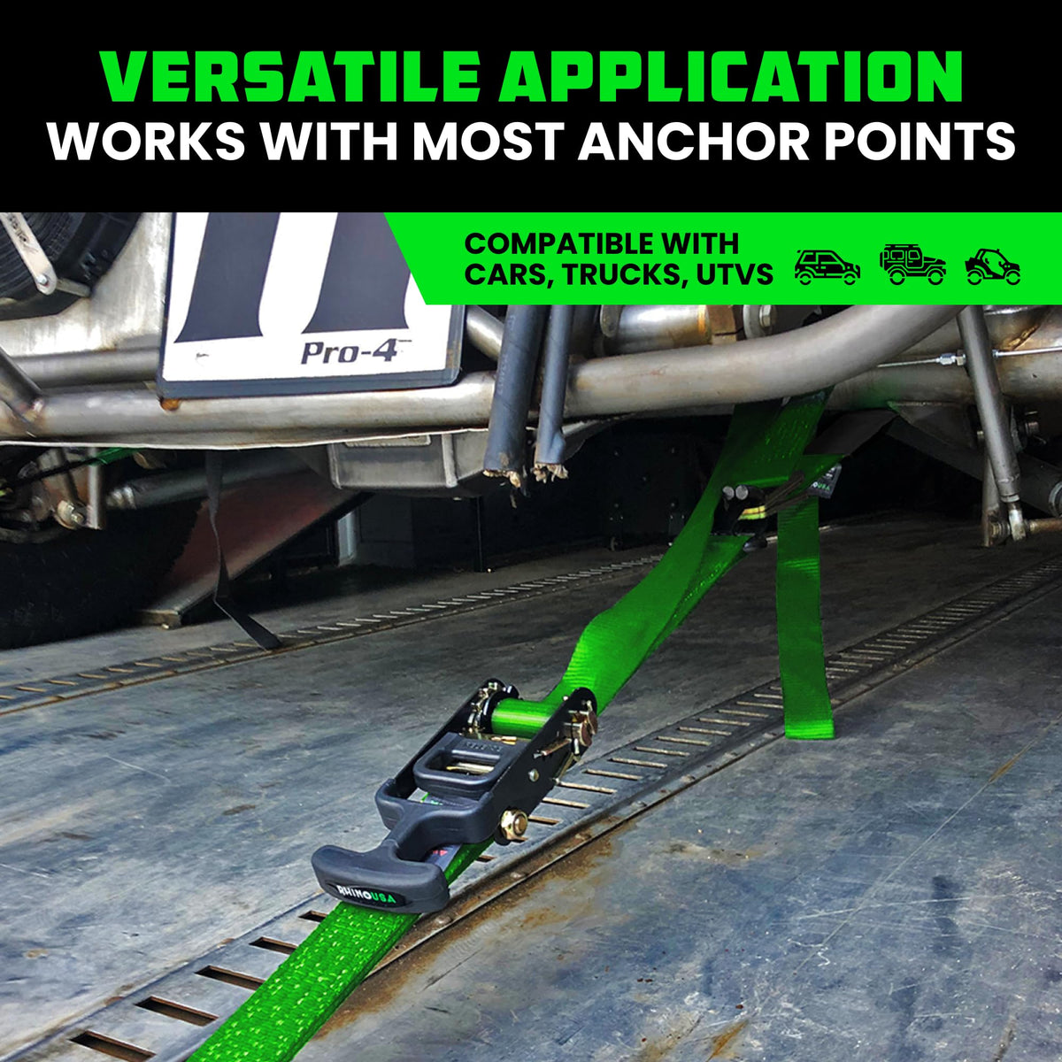 Rhino USA axle tie-down kit in use on a trailer with a vehicle.