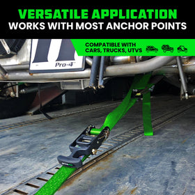 Rhino USA axle tie-down kit in use on a trailer with a vehicle.