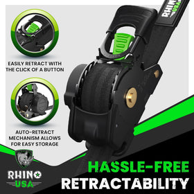 Rhino USA zinc-coated ratchet provides durable reliability for heavy loads.