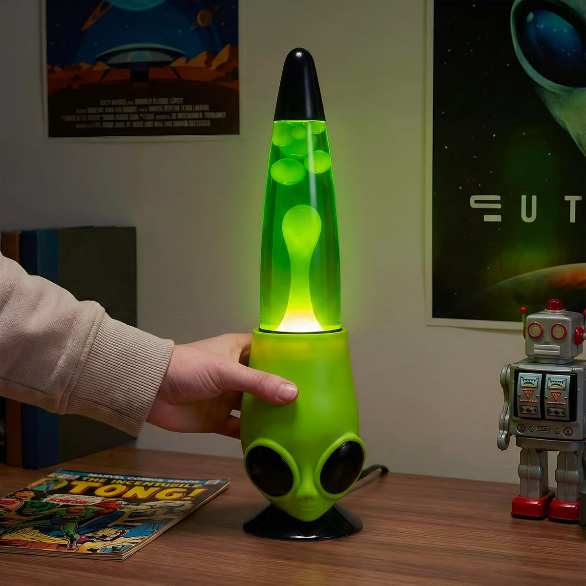 Rhode Island Novelty alien head wax motion lamp on desk display as conversation piece