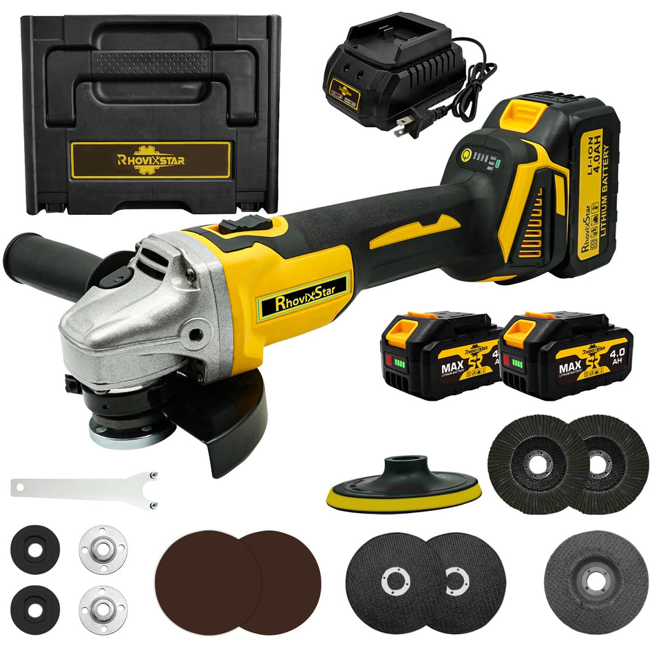 RhovixStar cordless angle grinder with compact 3/8-inch blade area for easy handling.