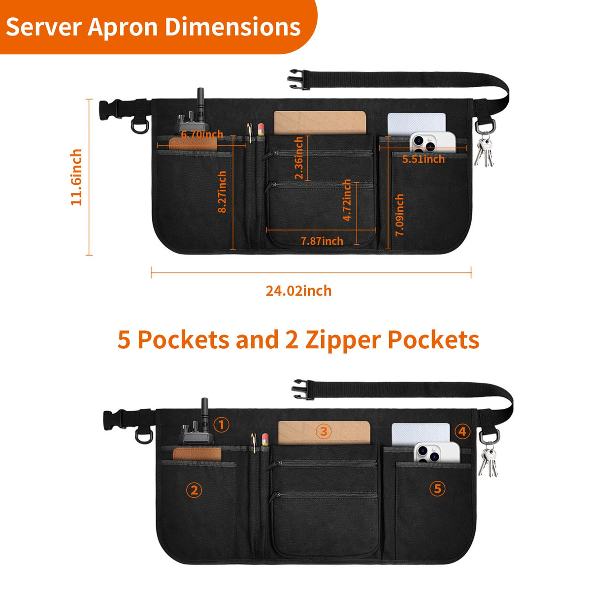 RHQQ apron pockets close-up showing secure zip pockets for essentials.