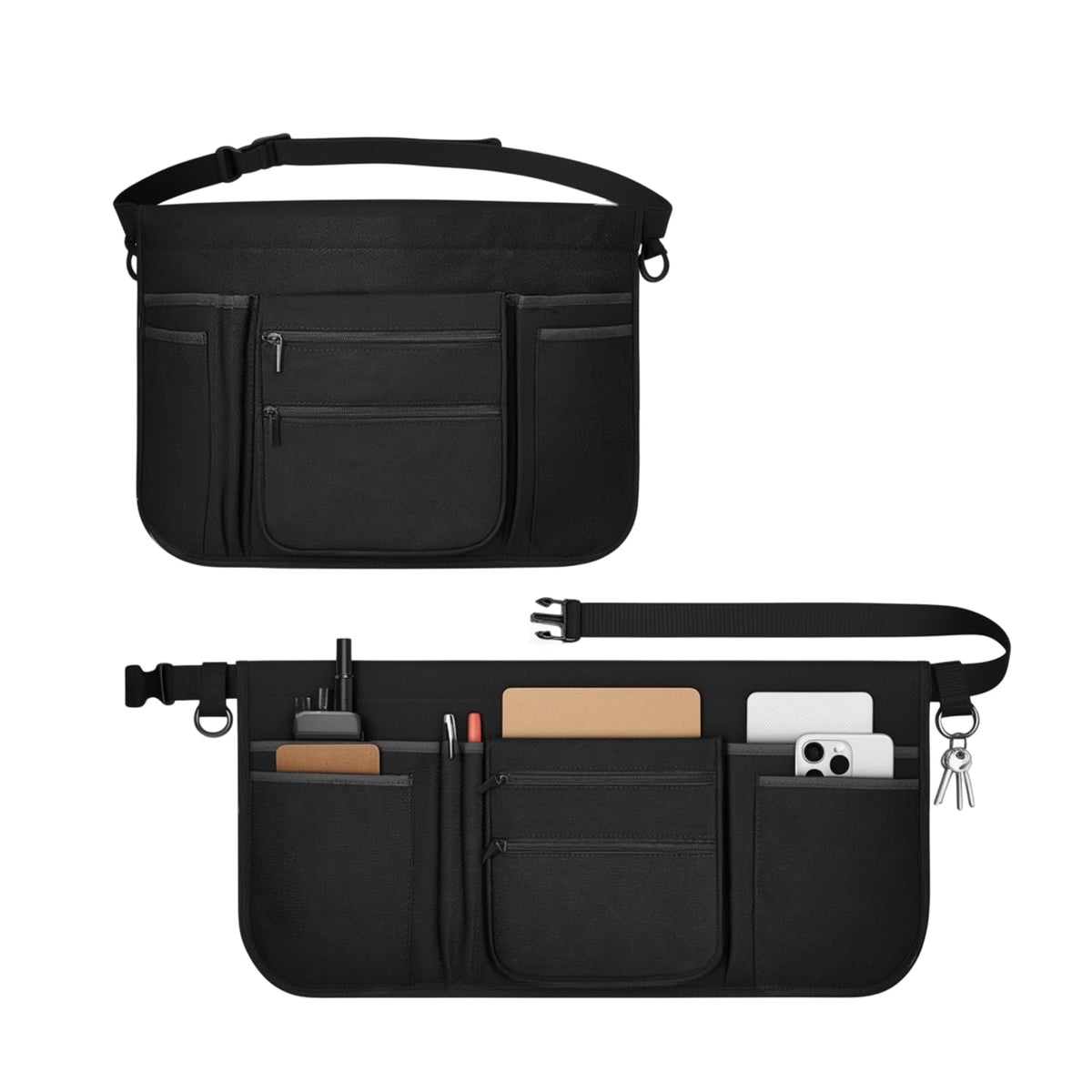 RHQQ professional cleaning apron front view with seven pockets for organized access.