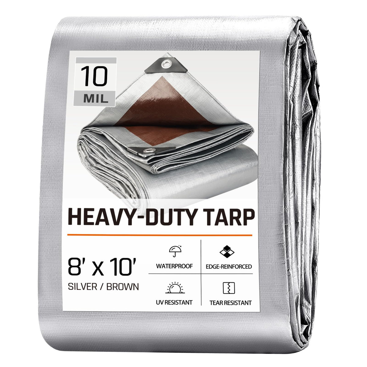 RhymBar 8x10 ft tarp unfolded provides a sturdy outdoor cover for rain and sun.