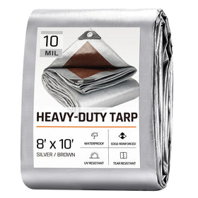 RhymBar 8x10 ft tarp unfolded provides a sturdy outdoor cover for rain and sun.