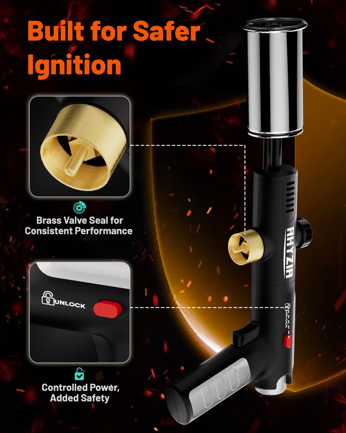 RHYZIA torch piezo ignition delivers quick lighting in damp conditions