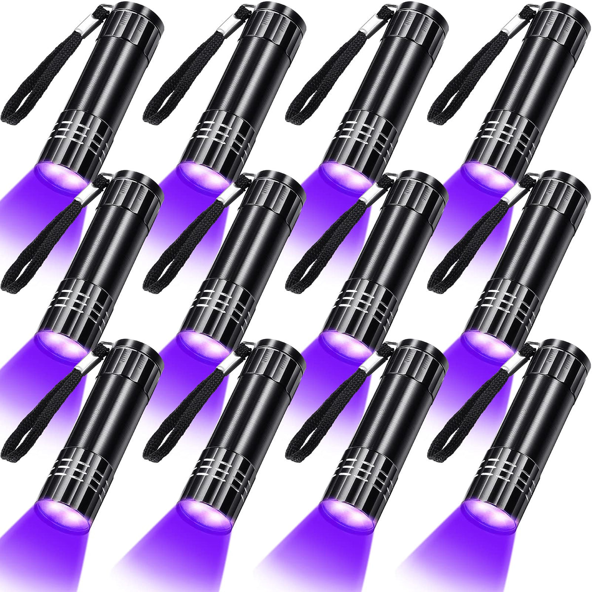 Riakrum 12-pack UV flashlight highlights invisible stains at night.