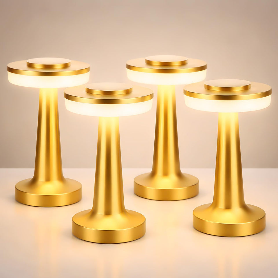 Riakrum four-piece gold LED lamps shown side view for versatile lighting.