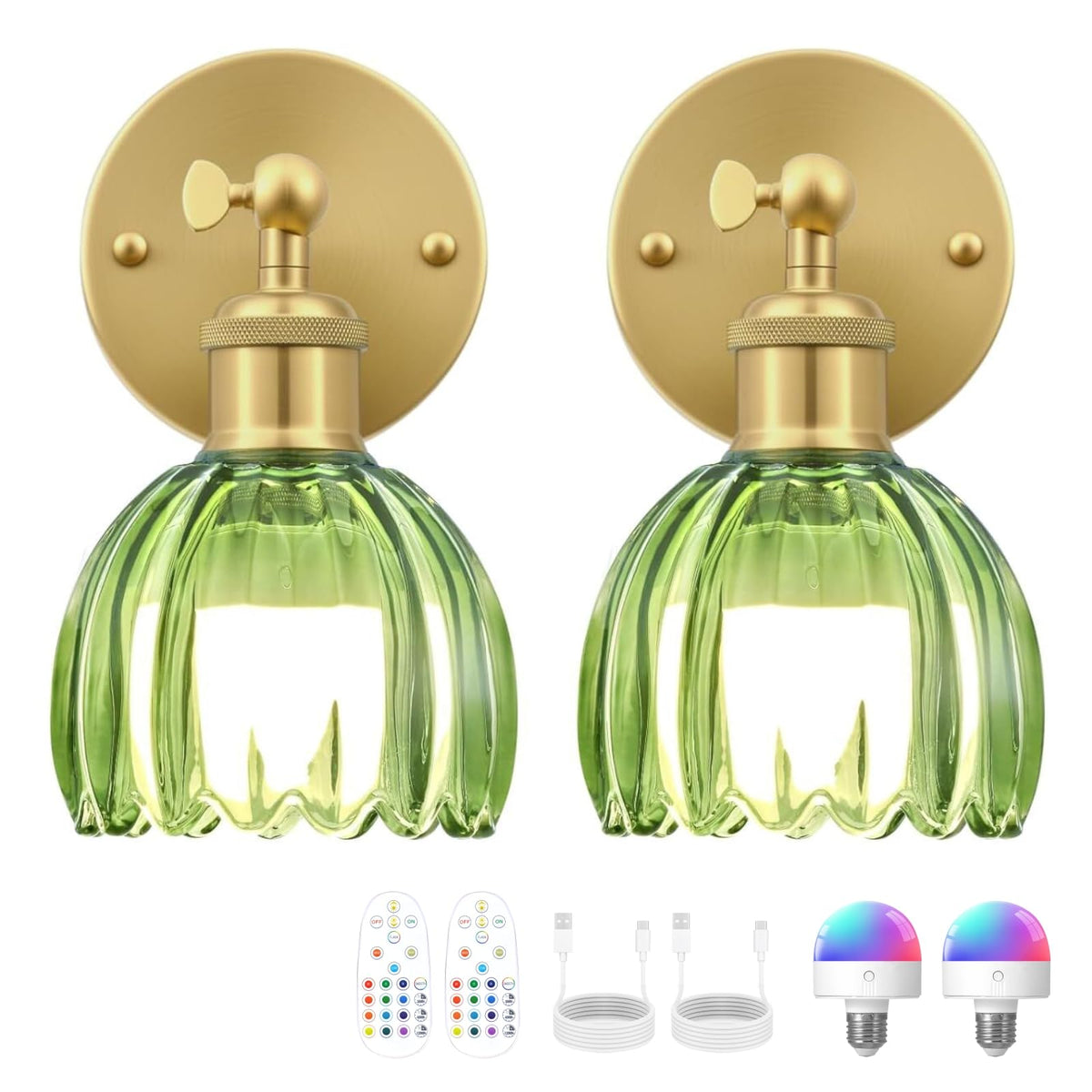 Ridalux vintage battery wall sconce with green tulip glass shade for warm bedside lighting.