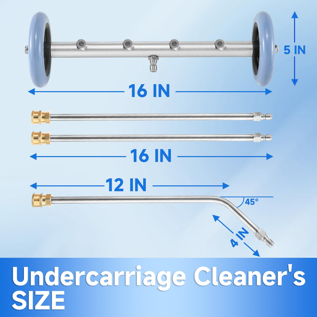 RIDGE WASHER complete package showing all included attachments for undercarriage cleaning.