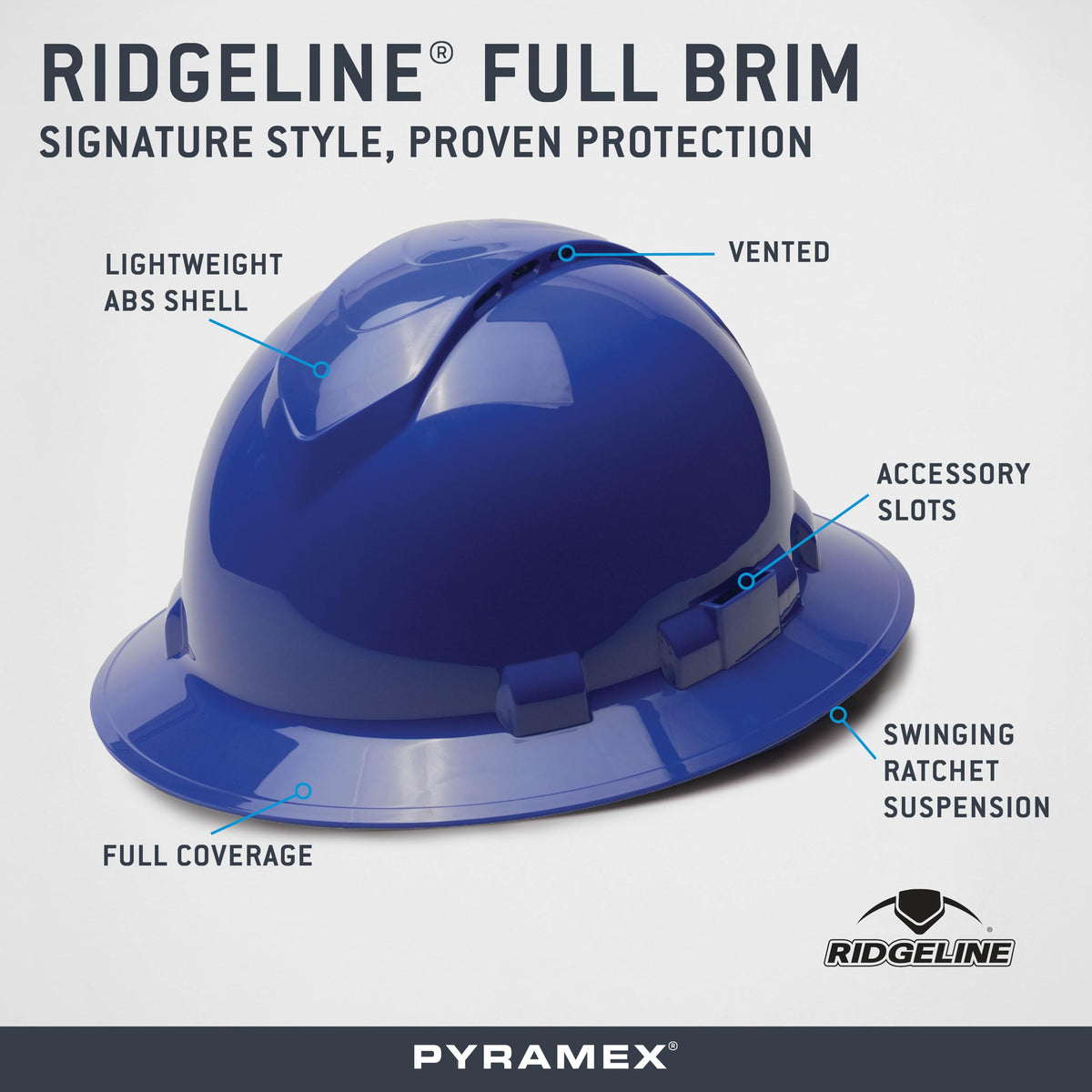 Ridgeline hard hat meets ANSI Z89.1 standards with hi-visibility color options.