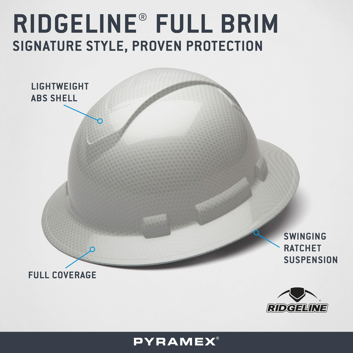 Ridgeline full-brim hard hat with 4-point ratchet suspension for quick, secure fit.