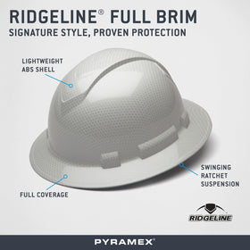 Ridgeline full-brim hard hat with 4-point ratchet suspension for quick, secure fit.