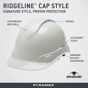 Ridgeline cap-style hard hat rear padded suspension enhances support during long shifts.