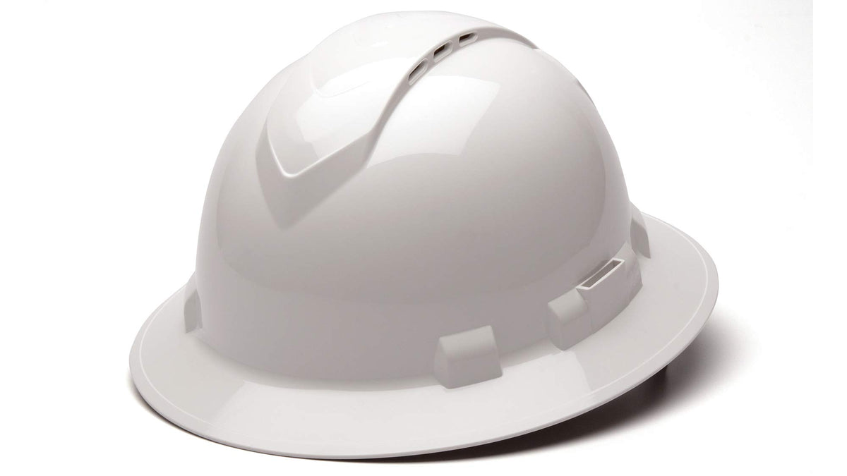 Ridgeline Pyramex full brim hard hat front view highlights lightweight protection for long shifts