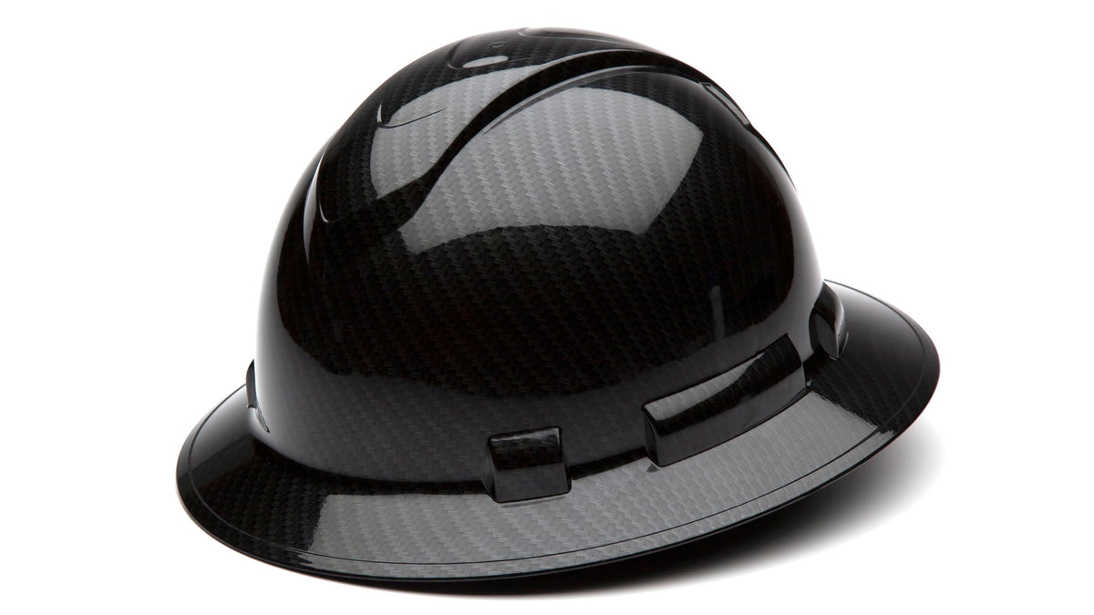 Ridgeline Pyramex full-brim hard hat with a shiny black graphite pattern for secure protection.