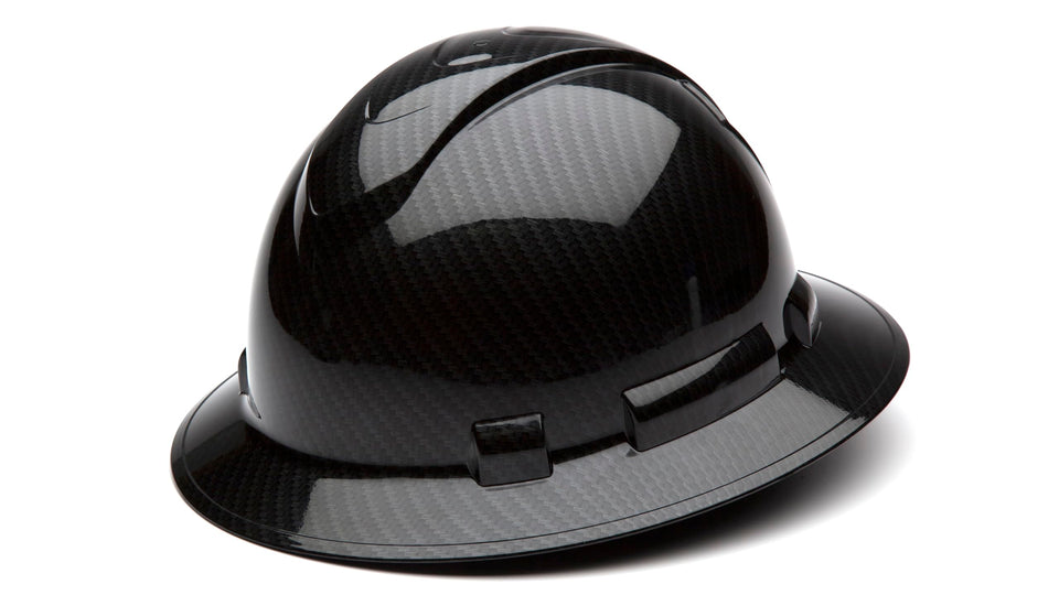 Ridgeline Pyramex full-brim hard hat with a shiny black graphite pattern for secure protection.