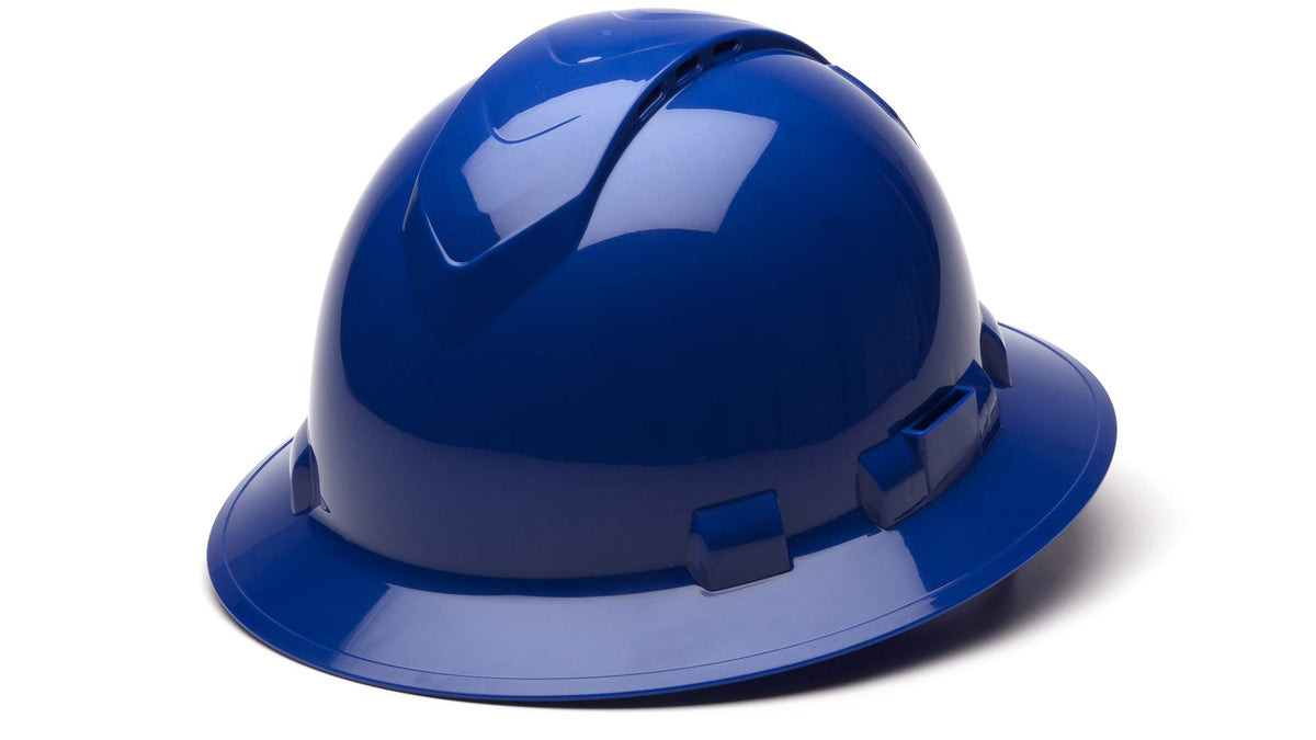 Ridgeline Pyramex full brim hard hat in blue with vented design for breathable wear.