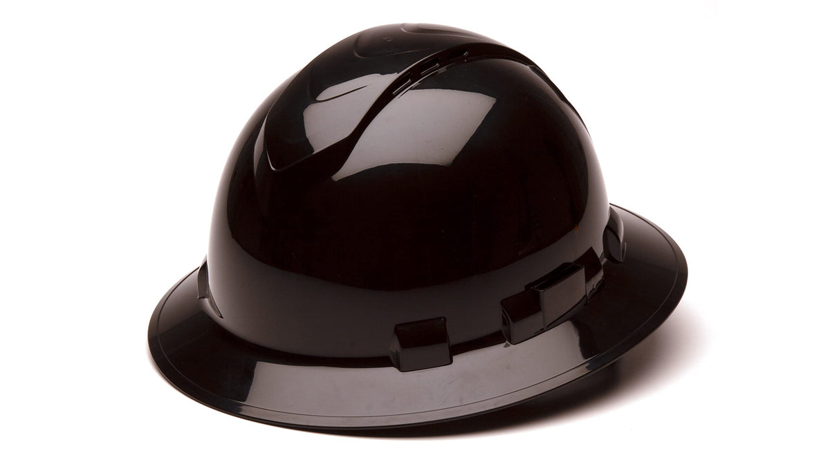 Ridgeline Pyramex full brim hard hat front view showing ultra-light ABS construction for comfort.