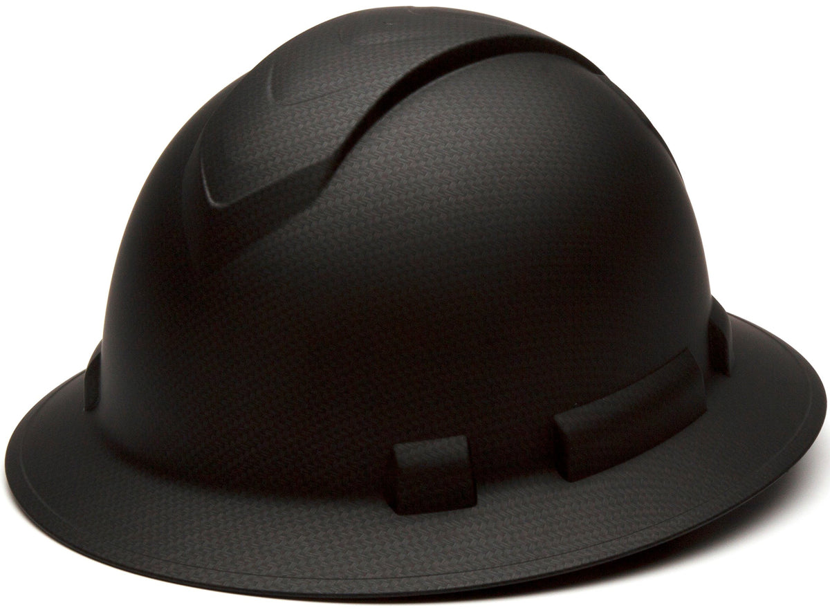 Ridgeline Pyramex full brim hard hat with matte black graphite pattern for all-day protection.