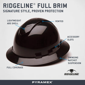 Ridgeline Pyramex full brim hard hat vented top view highlighting airflow design.