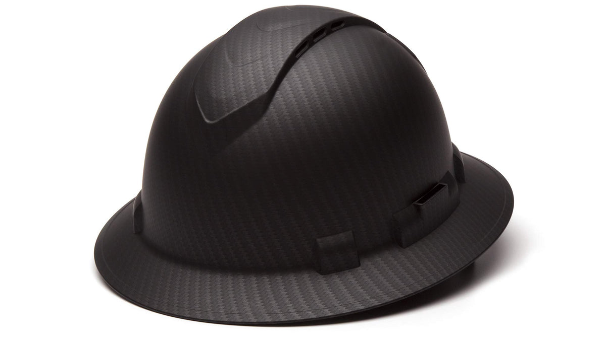 Ridgeline Pyramex full brim hard hat front view with matte black graphite finish