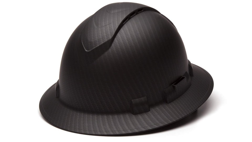Ridgeline Pyramex full brim hard hat front view with matte black graphite finish
