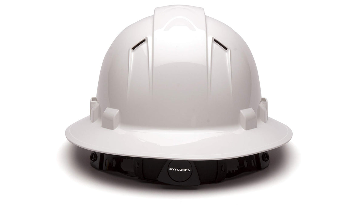 Ridgeline Pyramex white hard hat with 4-point suspension for secure, comfortable wear