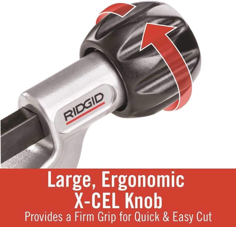RIDGID tubing cutter engaging copper tube for clean, close-to-flare cuts