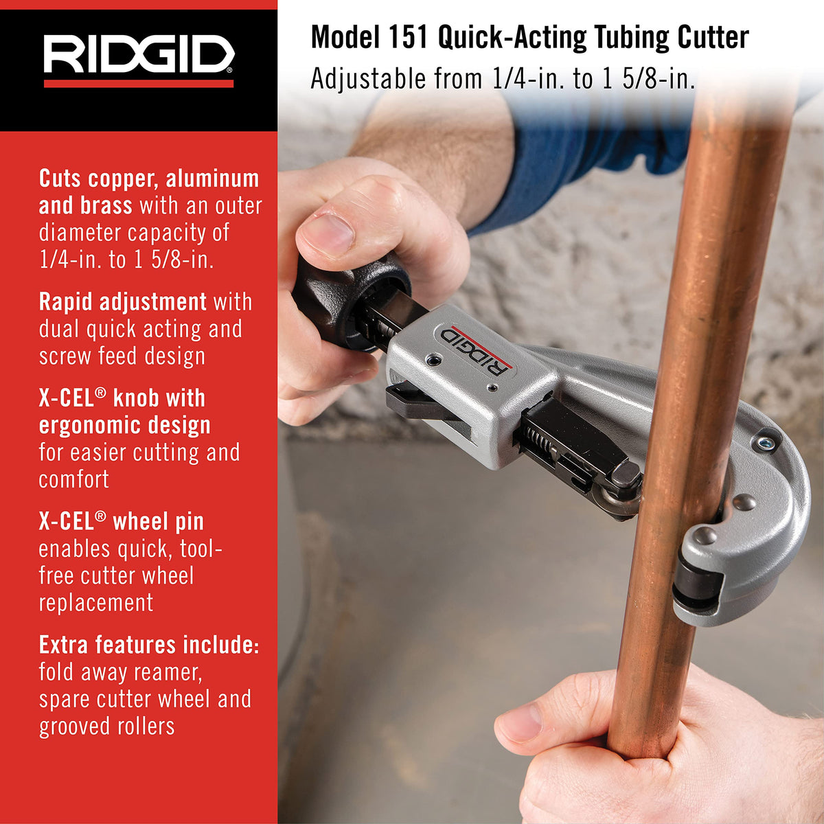 RIDGID 151 quick acting tubing cutter side view highlights ergonomic grip for comfortable cuts