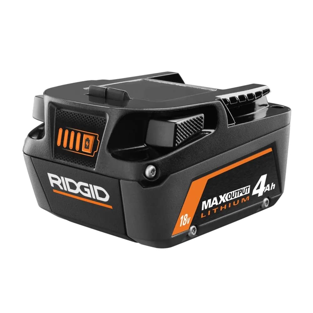 RIDGID 18V 4.0Ah max output battery front view, reliable power for outdoor tasks.