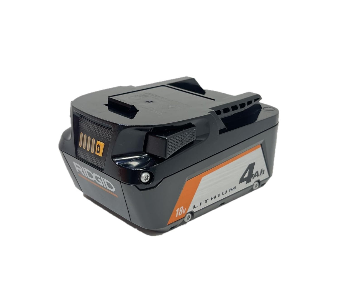 RIDGID 18V AC87004 battery front view shows compact, balanced design for easy handling.