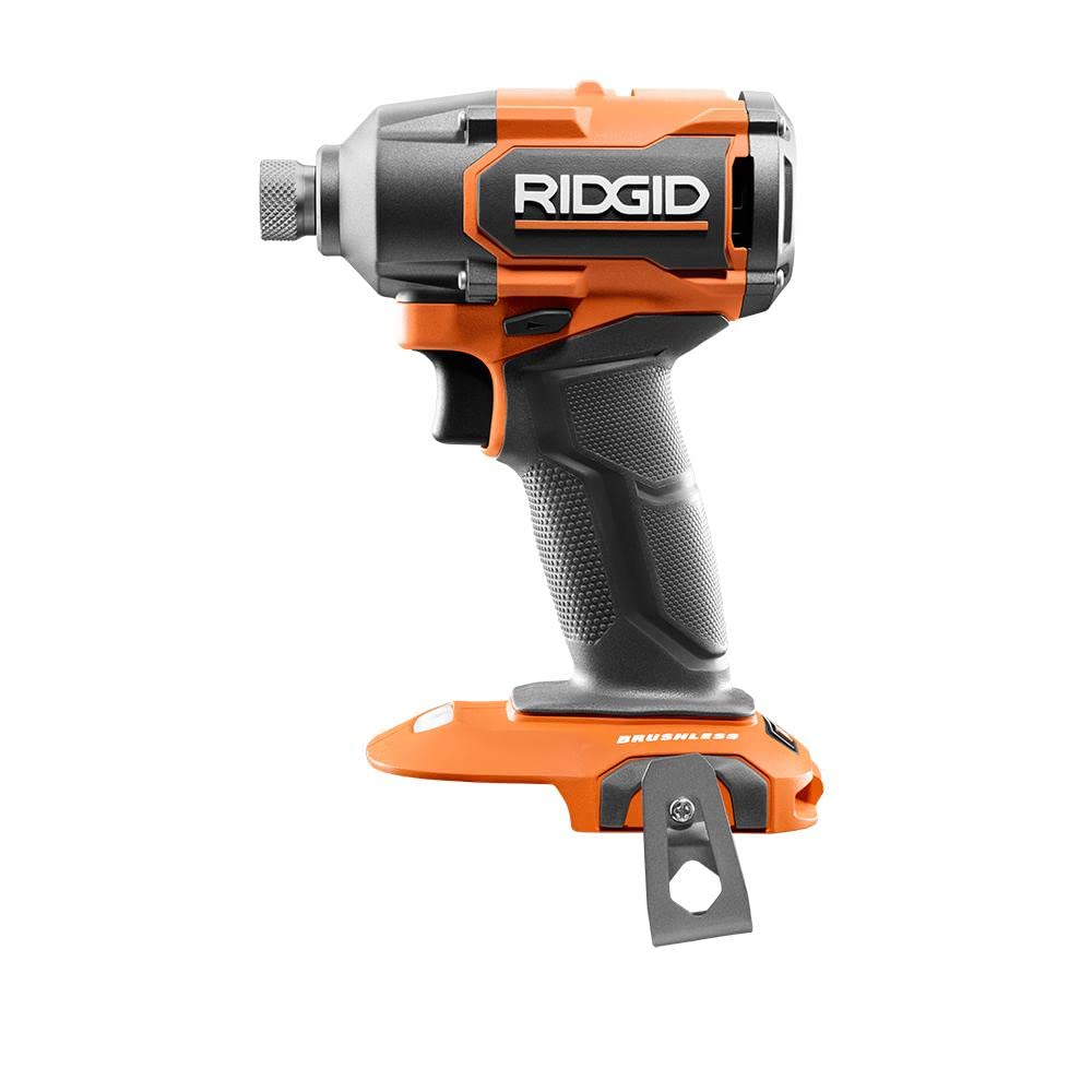 RIDGID 18V brushless impact driver side view showing compact profile for tight spaces.