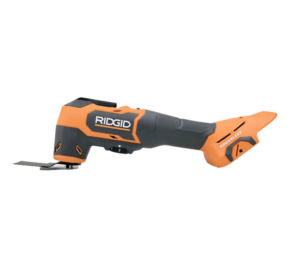 RIDGID 18V brushless oscillating tool front view shows compact design for tight spaces