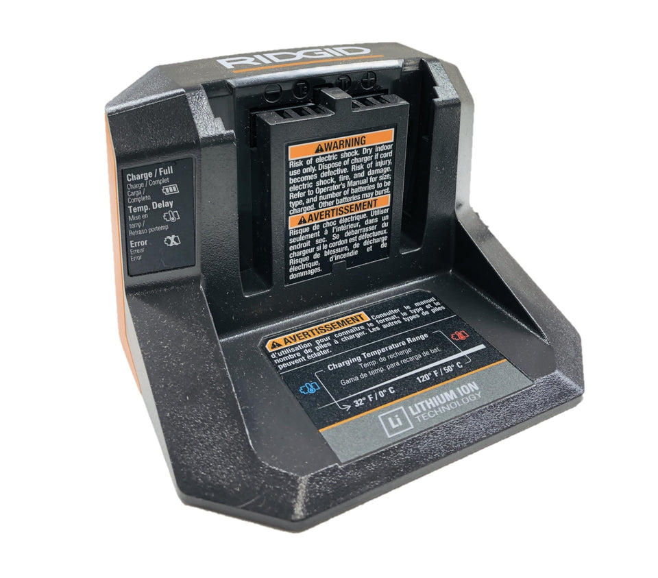 RIDGID 18V charger front view with Smart Charging Indicator for quick status check