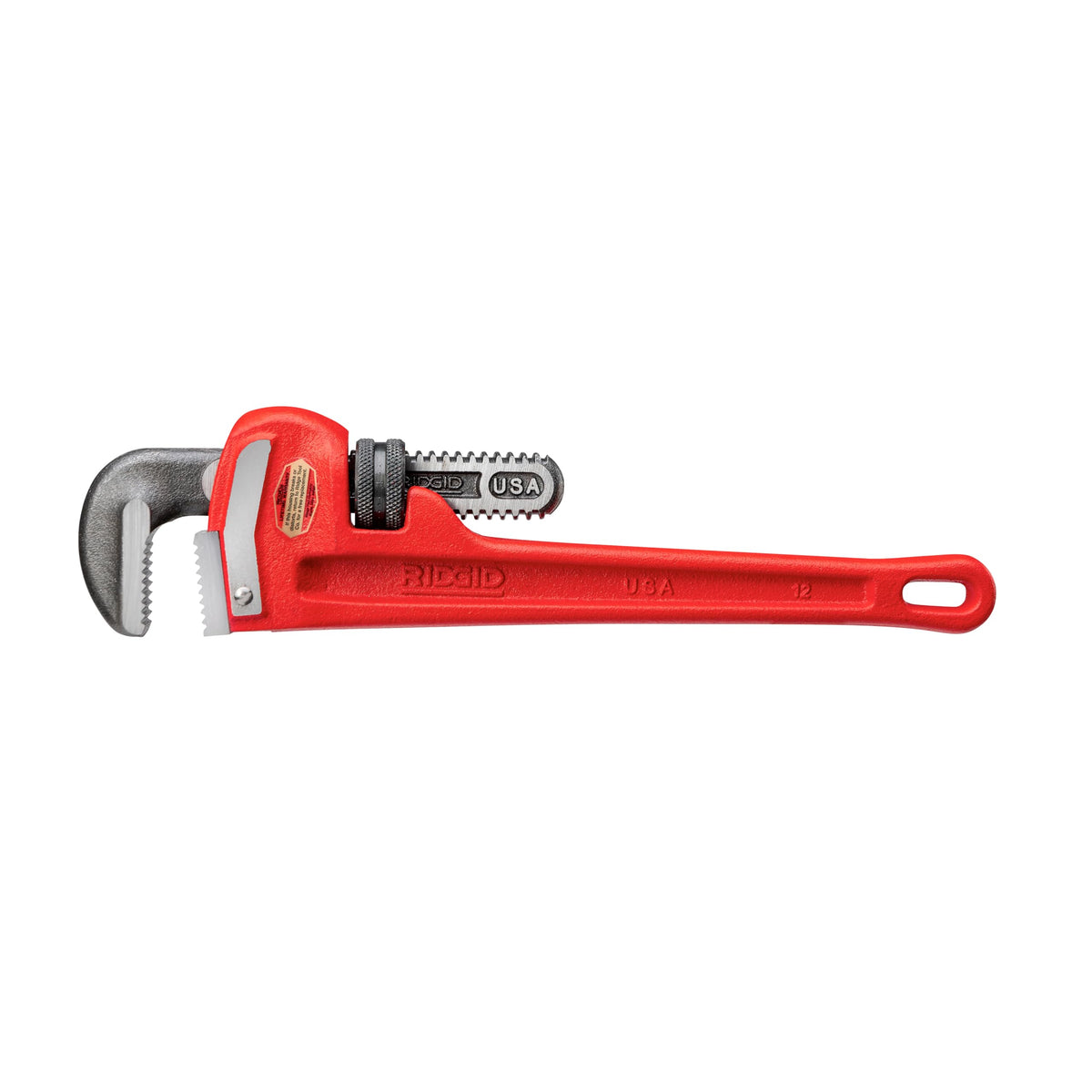 RIDGID 31015 12-inch straight wrench with hook jaw for secure grip on fittings.