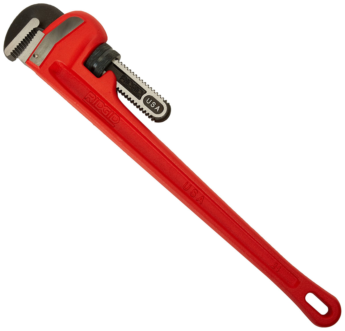 RIDGID 31030 24-inch pipe wrench shows durable ductile-iron housing for tough jobs.