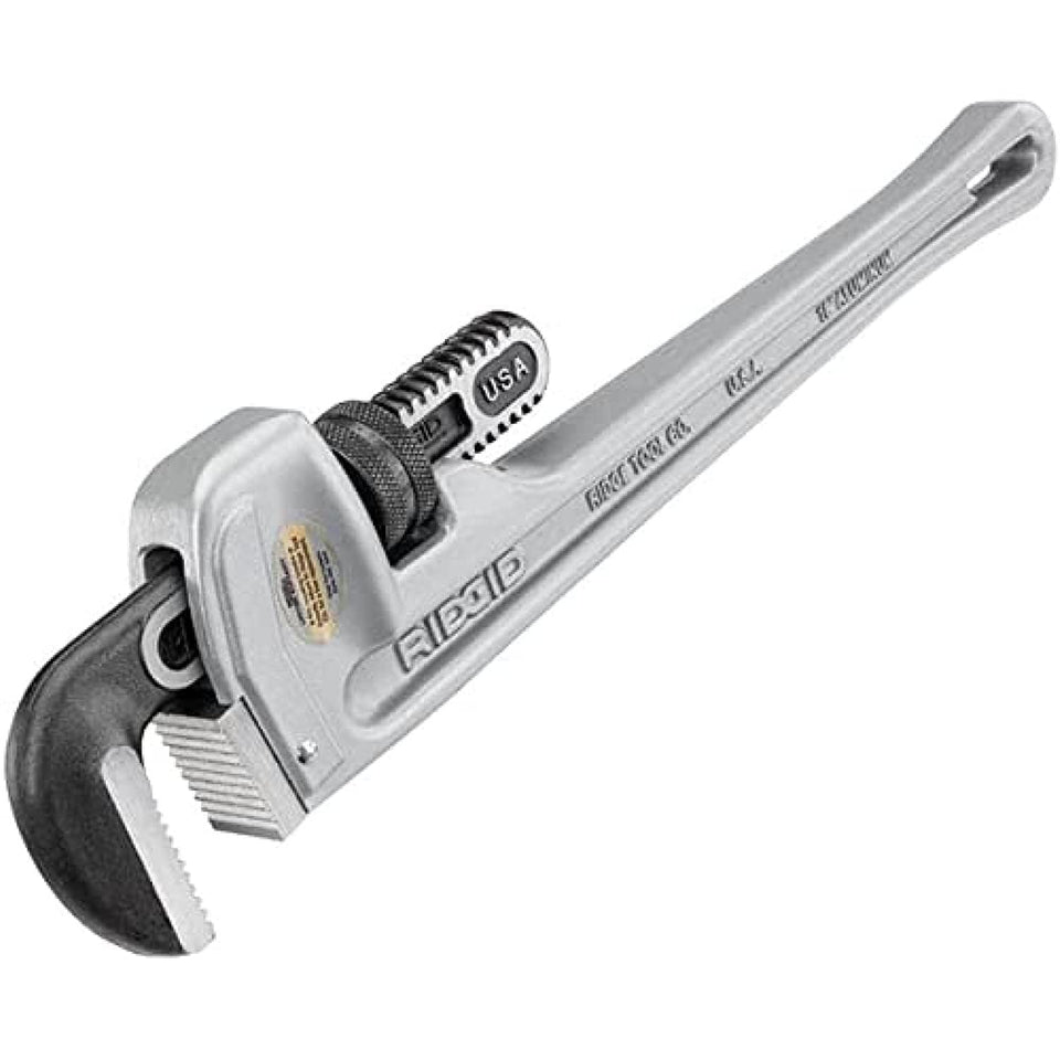 RIDGID 31100 aluminum straight pipe wrench with I-beam handle for quick gripping on pipes.