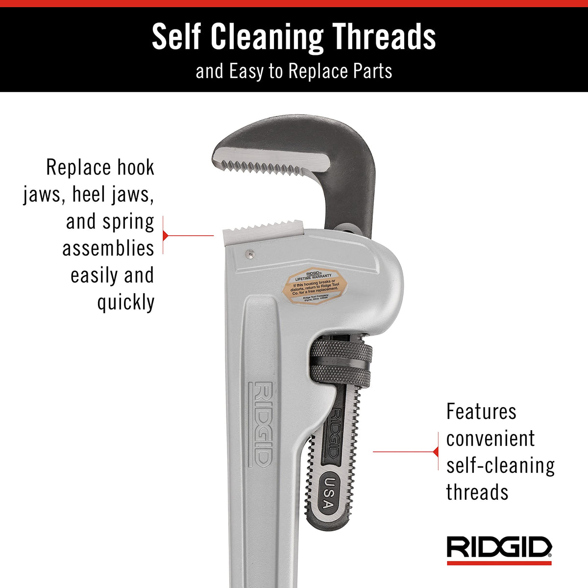 RIDGID 31110 36-inch aluminum pipe wrench demonstrating 5-inch pipe capacity