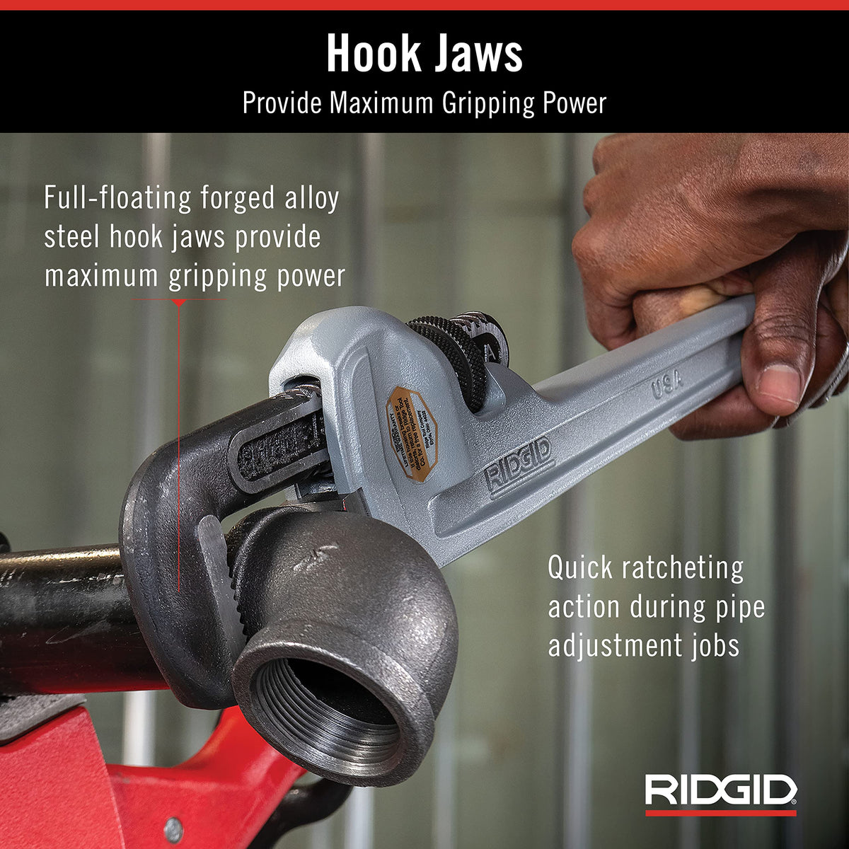 RIDGID 31110 36-inch aluminum pipe wrench in use in plumbing setup